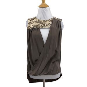 Bailey 44 Tank Top Womens S Small Brown Silk Wrap Front Snakeskin Print Cutout